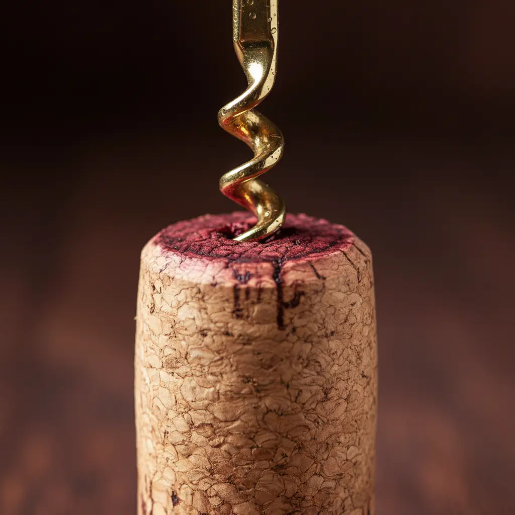 Close-up of a premium wine cork and golden corkscrew