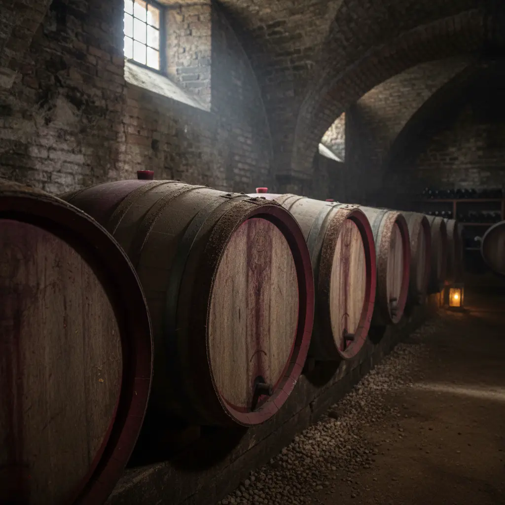 Old wooden wine barrels resting in a dimly lit, atmospheric cellar