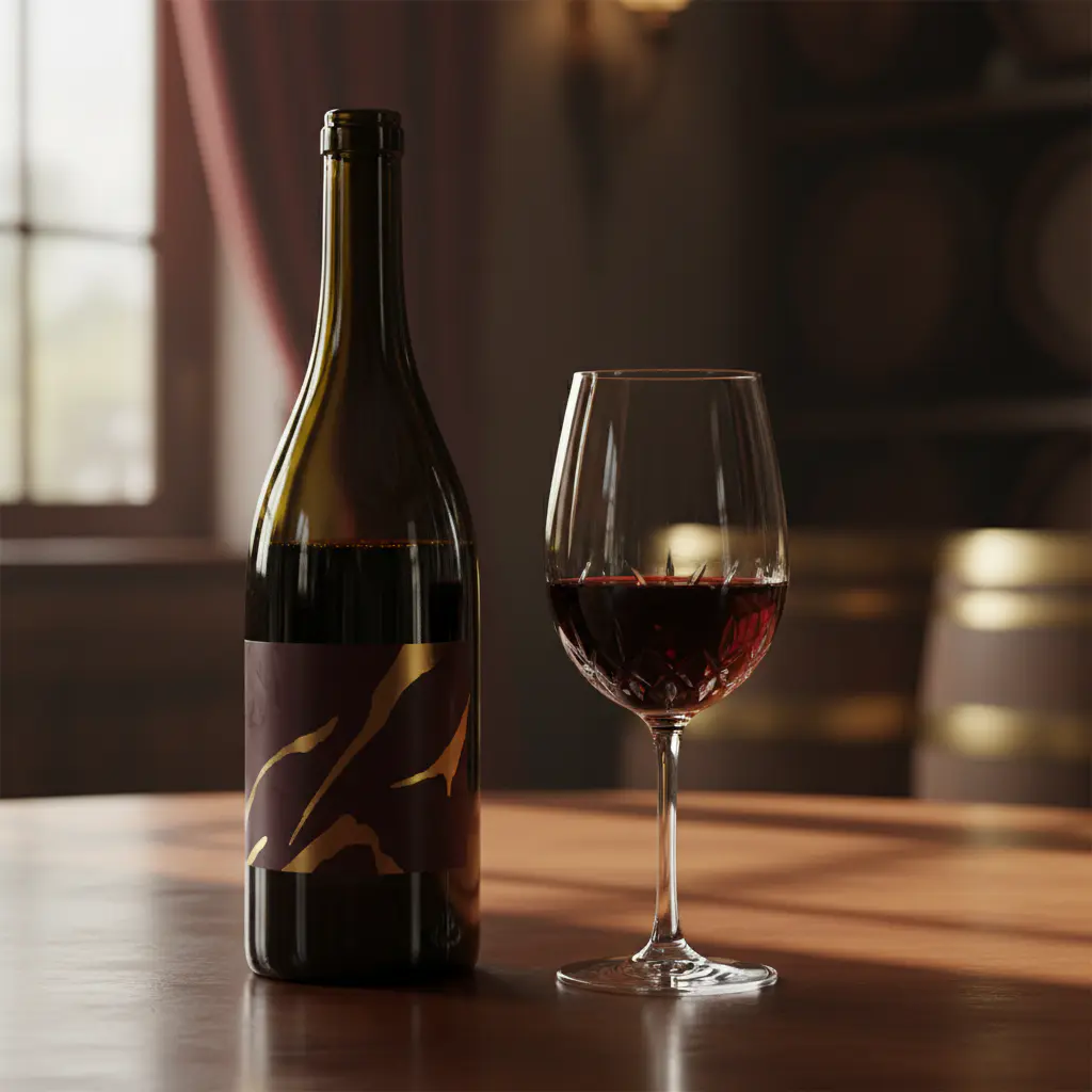 Elegant wine bottle and filled crystal glass on a dark wooden table