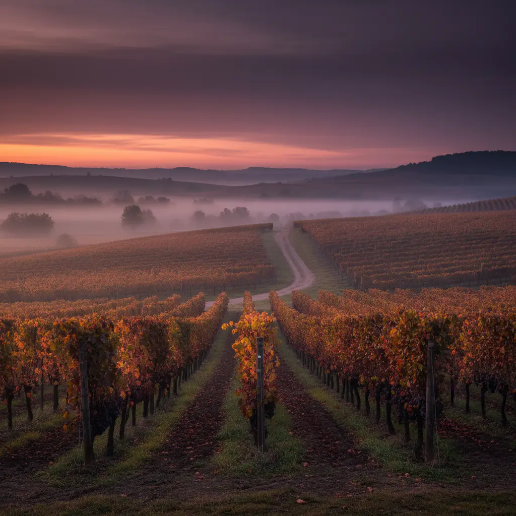 Serene vineyard at dusk with moody atmospheric lighting