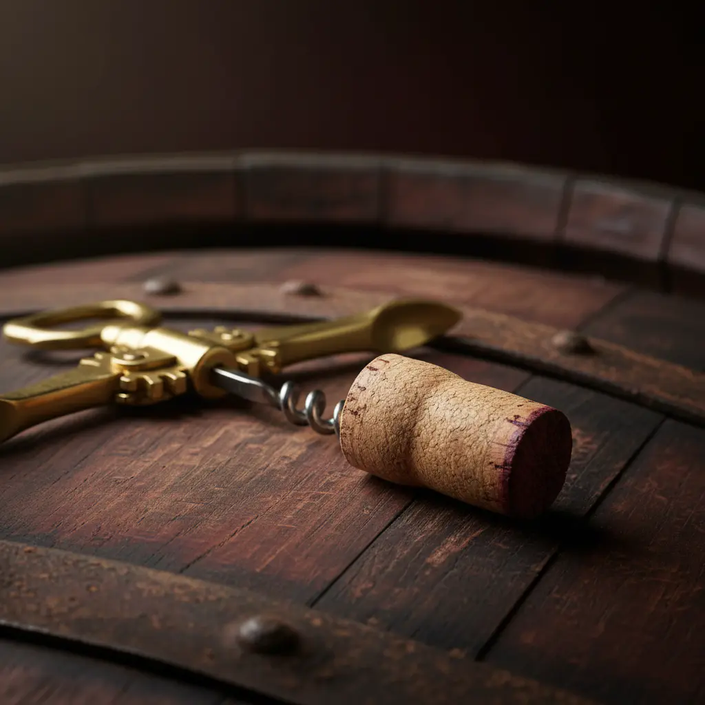 Close-up of a premium wine cork and golden corkscrew resting on a dark barrel