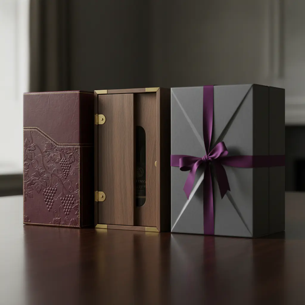 Three distinct luxury wine subscription boxes arranged neatly on a dark surface